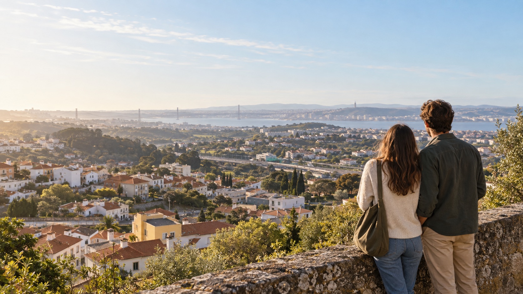 Casal a observar uma paisagem residencial na região de Lisboa